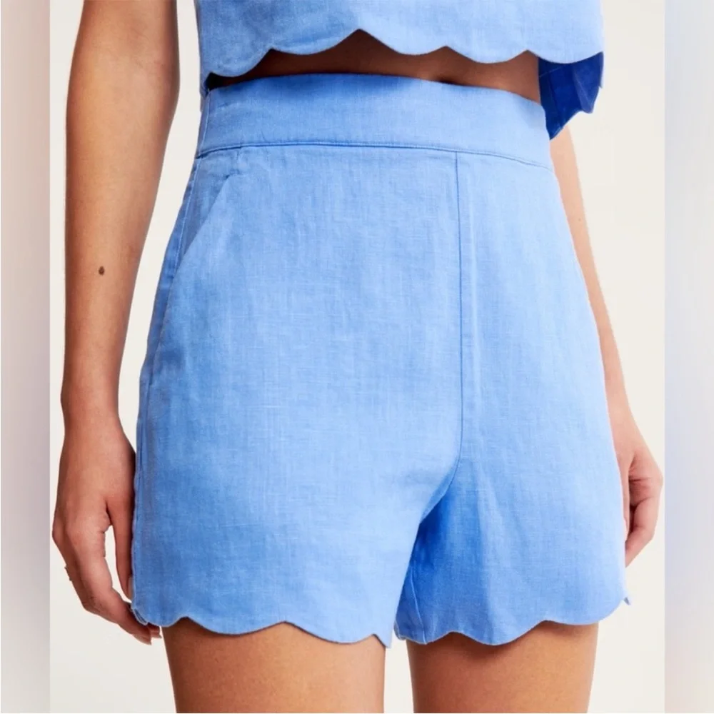 Abercrombie & Fitch Light Blue High Waisted Linen Shorts Scalloped Hem NWT - Picture 1 of 8